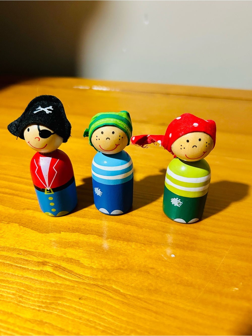 Wooden Pirate and Sailor Peg Dolls Set - Red, Blue, Green